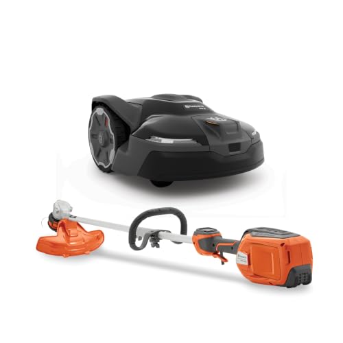 Husqvarna 410iQ Automower 0.5 Acre Robotic Mower Bundle with WeedEater 320iL Cordless String Trimmer, 4Ah Battery & Charger