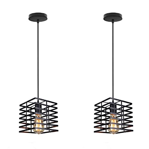 Cuisine Industrielle Noire Lampe Suspendue Cage en Fer Carré Rétro Luminaire E27