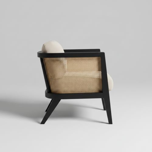 Image of APRODZ Solid Wood Accent Chair for Living Room Mid Century Modern Wooden Upholstered Armchair with Cushion Lounge Chair Cane Back Wooden Frame for Living Room Bedroom Office Seating (Black)
