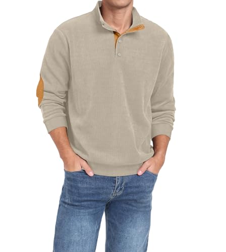 Mens Casual Corduroy Sweatshirt Long Sleeve Stand Collar 1/4 Button Pullover Fall Polo Sweater with Elbow Patches Beige, M2