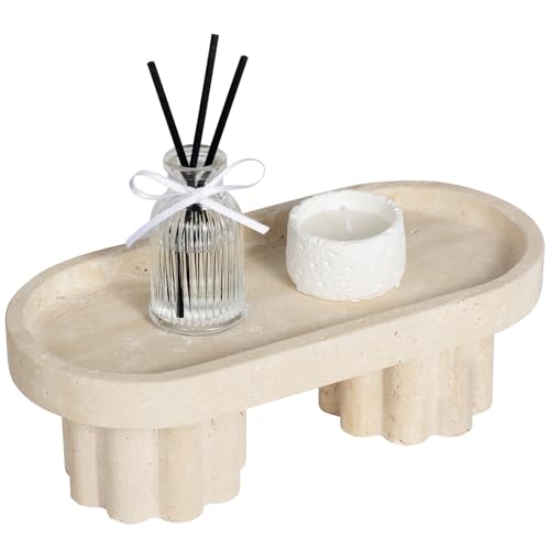 Natural Beige Travertine Oval Tray with Two Legs - 10 Inch Elegant Vanity Decor, Desk Organizer for Perfume, Jewelry & Candle Holder | Durable Stone Serving Tray