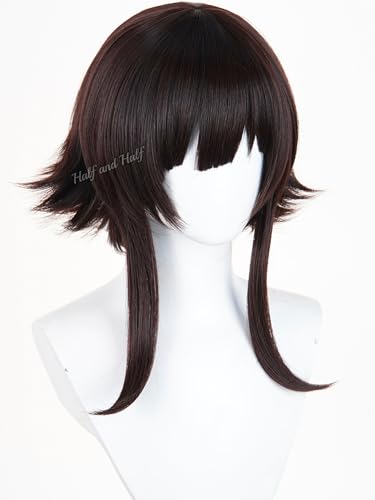 Image of Half and Half Short Brown Black Anime Circus Clown Cosplay Wig for Women Deep Brown Wigs with Bangs & Layers for Halloween Party Daily