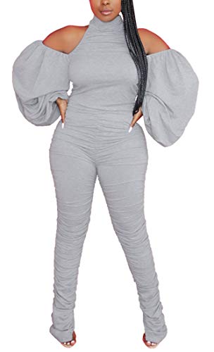Aro Lora Womens Sexy Halter Neck Long Sleeve Backless Ruched Slit Bodycon Flare Jumpsuit Romper X-Small Grey