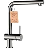SCHOCK® Küchenarmatur Epos Edelstahl I Hochdruck Wasserhahn mit Festauslauf I Schwenkbarer Einhebelmischer 360° I L-Auslauf für Spülbereich I Armatur in Edelstahloptik mit flexiblem Anschluss