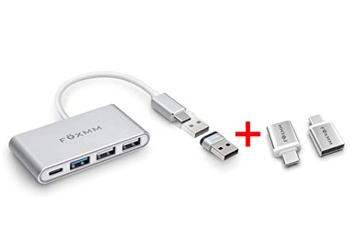 FOXMM 4-in-1 USB C HUB to Multiport Adapter with 2 Pack USB C-USB Adapter, Type-C Hub Compatible for MacBook Pro, XPS and Other USB-C Laptops (Silver)