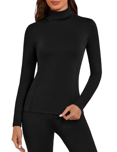 Harlamvar Womens Warm Breathable Underwear Shirt Lightweight Wicking Tops Thermal Long Sleeve Base Layer Shirt Black
