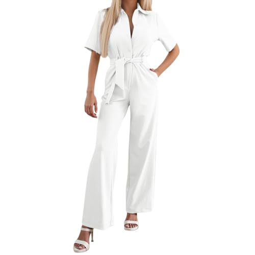 Generisch Jumpsuit Damen Hosenanzug Overall Set Jumpsuit Damen Elegant Lang Kurzarm Einfarbig Jumpsuit Festlich Sommer Casual Playsuit Romper Mit Gürtel (White, L) Generisch Jumpsuit Damen Hosenanzug Overall Set Jumpsuit Damen Elegant Lang Kurzarm Einfarbig Jumpsuit Festlich Sommer Casual Playsuit Romper Mit Gürtel (White, L)