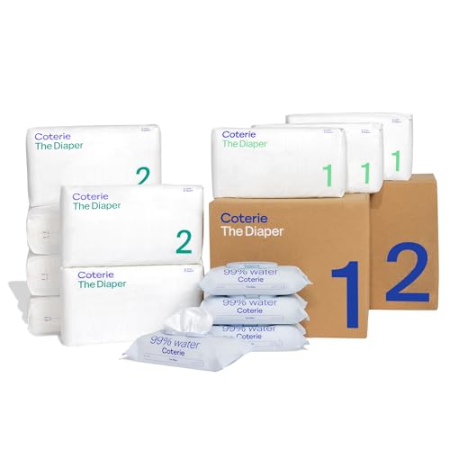 Image of Coterie Baby Wipes + Diapers Kit, Size 1 (99 Count) & Size 2 Diapers (186 Count), 4 Pack (224) Baby Wipes with 99% Water, Plant Based Materials, Hypoallergenic for Sensitive Skin