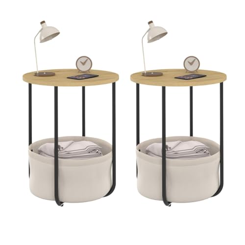 IDMarket - Lot de 2 Tables de Chevet, Tables d'appoint, Bout de canapé Detroit Rondes avec Panier en Tissu Design Industriel