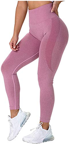 CNASA Leggings pour Femmes Butt Lift, Yoga Pants Sport Workout Sexy Seamless Taille Haute Compression Gym Training Pants,Rose,M