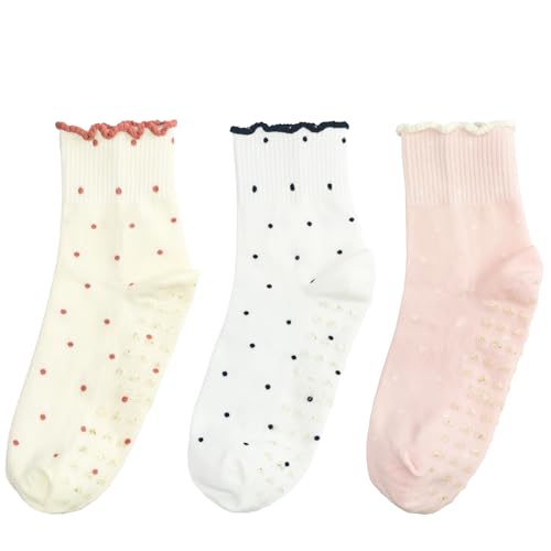 Cute Polka Dot Yoga Socks for Women Fits US Sizes 5-9 Perfect forYoga Pilates Barre and Dance (Milk white pink white-3pcs)
