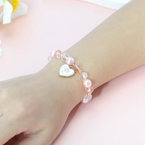 Fullrainbow Personalized Flower Girl Proposal Bracelet,Initial Gifts Heart Charm, Wedding Gift Set,Pink Pearl Crystal Beaded with Gold Accents,3