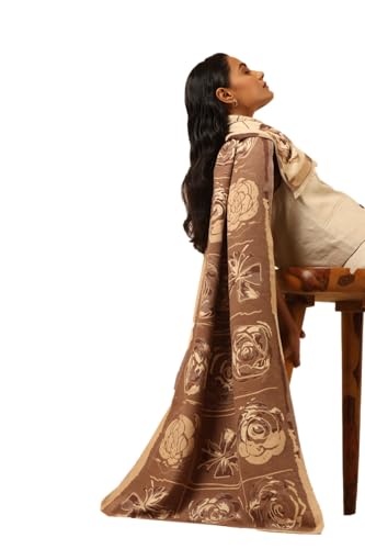 Dusala Women's Reversible Cashmere Blend Stole - Floral and Animal Print, Soft & Stylish Wrap, Handmade in India, Lightweight and Cozy, Thoughtfull Fashion Accessory, 28x80 Inch, Cream & Brown3