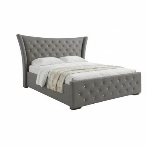 Image of Luxury Queen Size Upholstered Storage Bed with Diamond Tufted Padded Headboard | Premium Velvet Fabric Platform Bed Frame | Solid Wood Structure | Modern Bedroom Furniture | Grey