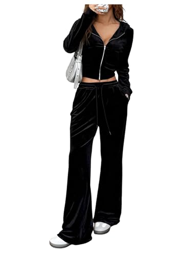Verdusa Womens 2 Piece Y2k Velvet Set Rhinestone Letter Zip Up Crop Hoodie and Pants with Pockets Black Medium