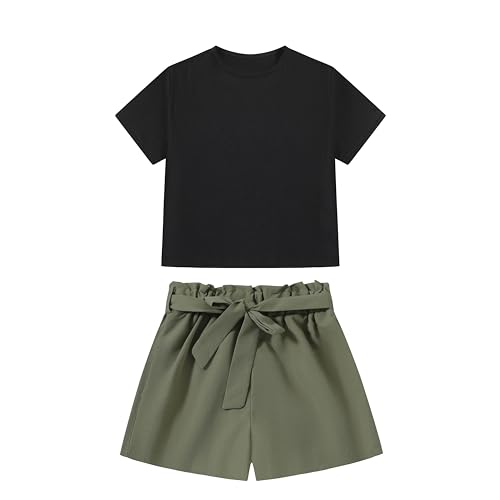 Image of Girl's 2 Piece Outfits Short Short Sleeve Crop Top and Cute Print Shorts Sets with Belt 2 Piece Summer Clothes