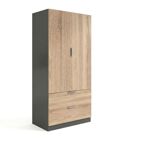 duehome | Armario de 2 Puertas y 2 cajones, Modelo Lark, Acabado en Color Gris Grafito y Roble Canadian, Medidas: 81 cm (Ancho) x 180 cm (Alto) x 52 cm (Fondo)