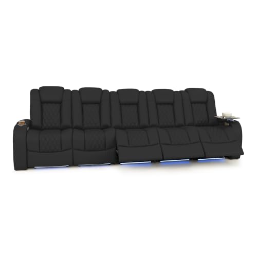 Image of Seatcraft Virtuoso LT Black Italian Leather Home Theater Seating, Zero Gravity Power Recliner, Powered Headrest and Lumbar Gaming and Home Office Chair, Heat and Massage Lounge Sofa, Row of 5 Sofa