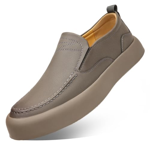 Men's Handmade Retro Leather Slip-On Flat Loafers Shoes with Arch Support Low Top Round Toe Comfort Lightweight Driving Travel Walking Boat Shoes