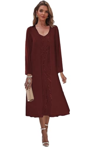 2 Pieces Mother of The Bride Dresses for Wedding Tea Length Formal Dress with Jacket Sequin Evening Gown3