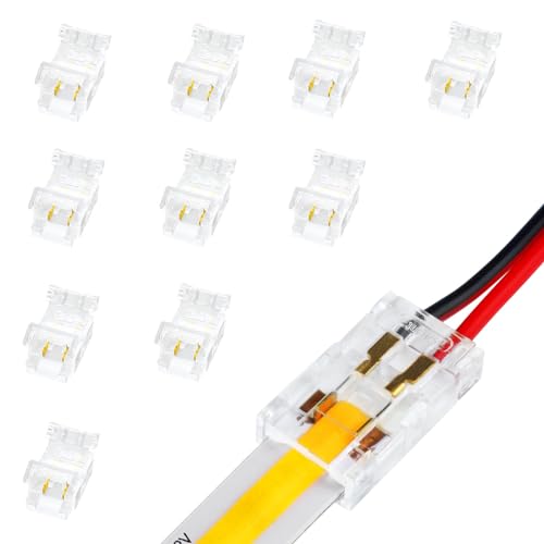 LightingWill LED Connectors 2Pin 8mm, 10 PCS Strip to Wire Connector Transparent Solderless, LED Tape Light Connector 2 Conductor No Dark Area for COB/SMD 2835 3528 Single Color LED Strips