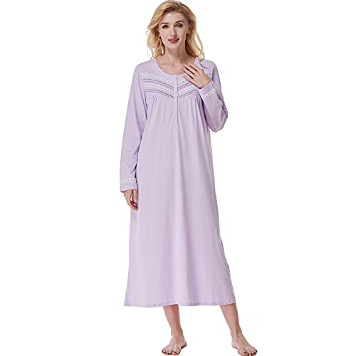 Keyocean Nightgowns for Women, Soft 100% Cotton Knit Nightgowns, Comfy Long-Sleeve Ladies Sleepwear Gown for Mom