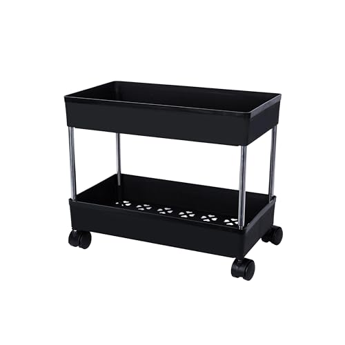Image of AEXONIZ TOYS Plastic Kitchen Storage Trolley Rack with Wheels, Slide Out Rolling Utility Cart Storage Shelves, Space Saving Home Storage Organizer Racks (Black, 2 Layer)