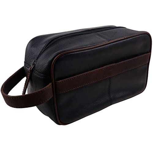 Trousse de toilette en cuir véritable noir grand compartiment étanche sac
