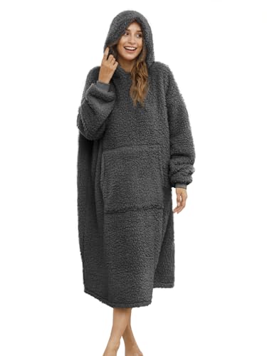 ililmmoe Übergroße Sherpa-Decke mit Kapuze für Damen und Herren Lange Bequeme Sherpa-Decke zotteliger Pullover Plüsch Olive gemütlich Einheitsgröße
