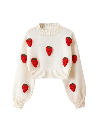 MakeMeChic Girl's Strawberry Crew Neck Sweater Long Sleeve Knit Cute Sweaters Pullover Top