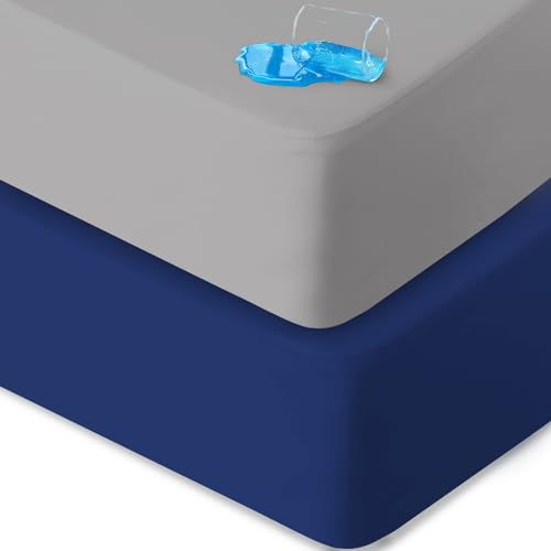 Image of Crib Sheets Waterproof 2 Pack, Crib Mattress Protector, Toddler Fitted Crib Sheet Neutral, Ultra Soft & Breathable Toddler Bed Sheets for Boys and Girls, Grey & Navy