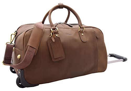 Wheeled Holdall Real Hunter Leather Travel Duffle Cabin Size Rolling Weekend Bag Albert, Brown, M, Leather Holdall With Wheels