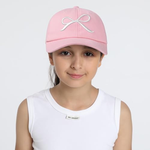 ACTLATI Girls Bow Tie Baseball Hat Cute Embroidered Baseball Caps for Kids Adjustable Cotton Travel Hiking Hats Age 7-122