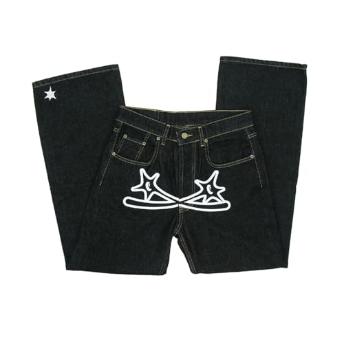 Pantalones vaqueros holgados para hombre Y2K con estampado Hip Hop Baggy Star Cargo Pantalones anchos con texto en la parte delantera, holgado, corte holgado, negro, pantalones vaqueros rectos,