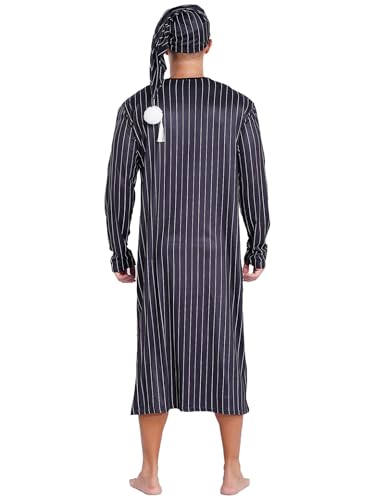 Men's 2Pcs Night Shirts Loose Robe Long Sleeve Striped Nightgown Sleepwear with Hat4
