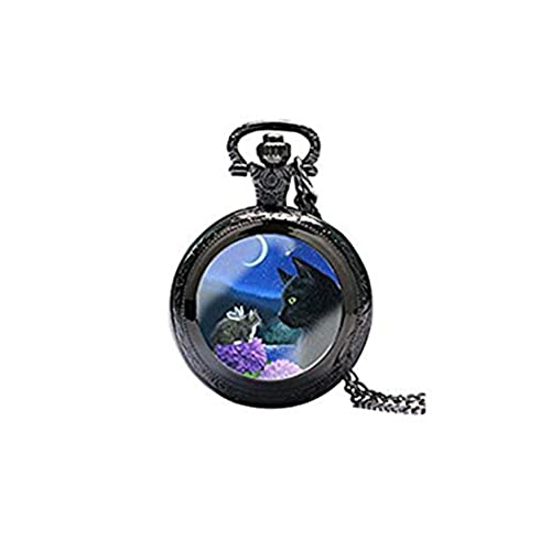 Laco/1925 Glowlala@ Cat Glowing Watch Necklace Full Moon Glowing Watch Necklace Moon Glowing Pocket Watch Necklace Pendant (Black)