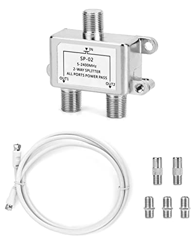 QWORK® Divisor de TV Sat 5-2400MHz, Repartidor Antena TV con 1.5 m Cable Coaxial F Enchufes, F al Adaptador Coaxial, F a F Inline Joiner y Tornillo