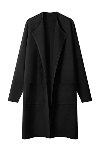 MEROKEETY Women's Open Front Coatigan Sweater Long Sleeve Casual Knit Lapel Cardigan Coat with Pockets, Black, Large