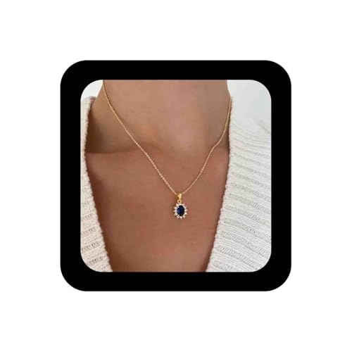 Enautoabs Boho Piedra De Nacimiento Collar De Piedras Preciosas Collar Colgante De Zafiro Oval Collar De Oro Halo De Zafiro Collar De La Vendimia De Cristal Azul Cz Joyas Para Las Mujeres