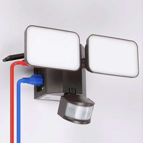 LEONLITE 28W LED Security Light with GFCI Outlets, Motion Sensor & Dusk to Dawn Flood Lights Outdoor, Adjustable 2-Head, Wet Location, 5000K Daylight, ETL Listed, Bronze