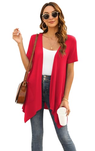 Image of Veryoung Floral Short Sleeve Cardigans for Women Casual Drape Open Front Lightweight Summer Cardigan with Pocket High Low Hem