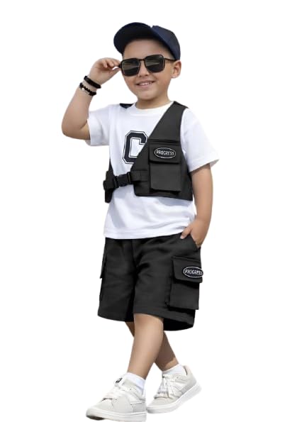 Image of Kids Boys 3-Piece Outfit Set | Half Sleeve T-Shirt, Utility Vest & Cargo Shorts with Cap | Stylish Casual Summer Clothing Set for Boys