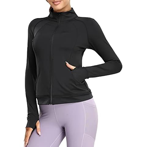 Locachy Women's Slim Fit Stretchy Athletic Workout Lightweight Full Zip Sports Jacket with Pockets, Black, Medium Cover