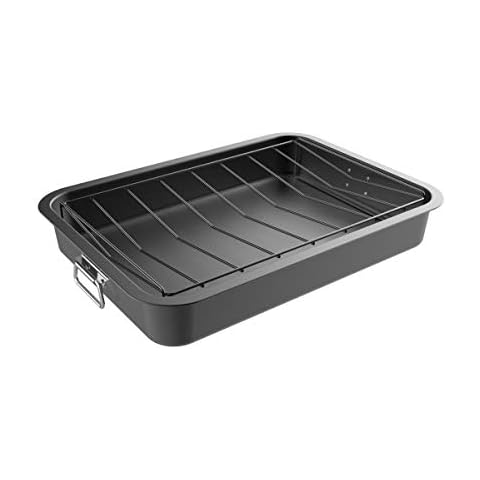 Classic Cuisine 82-KIT1106 Roasting Pan with Angled Rack-Nonstick Oven Roaster and Removable Tray-Drain Fat and Grease for Healthier Cooking-Kitchen Cookware, Stainless Steel Cover