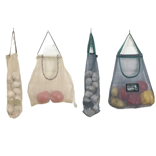 4 bolsas de malla reutilizables transpirables para colgar, duraderas y fuertes, bolsas de malla para frutas y verduras, bolsas de almacenamiento lavables para patatas, cebollas, ajos, verduras, frutas