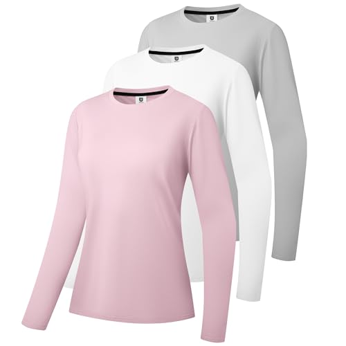 3er-Pack Damen Baumwoll Langarm T-Shirts Rundhalsausschnitt Feuchtigkeitstransportierende Shirts Bequeme Freizeit Oberteile Grau/Weiß/Rosa-03-M