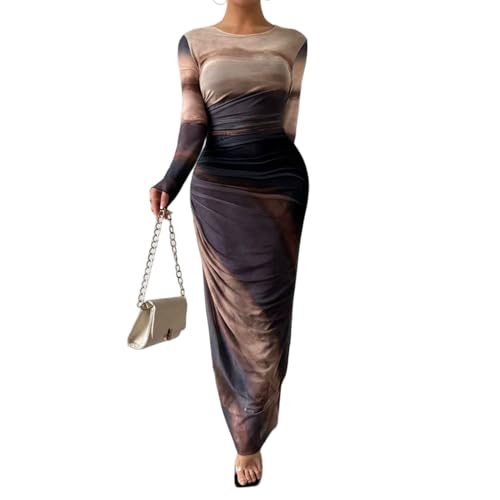 LIGHT DOT Women's Printed Bodycon Maxi Dress Long Sleeve Tie Dye Mesh Layered Dress