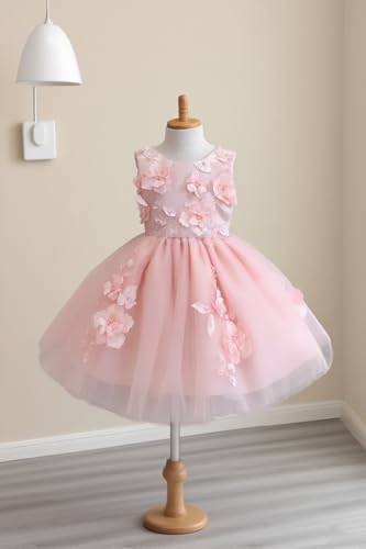 Short 3D Flower Girl Dress for Wedding 2025 Tulle V-Back First Communion Pageant Dresses with Bow-Knot3