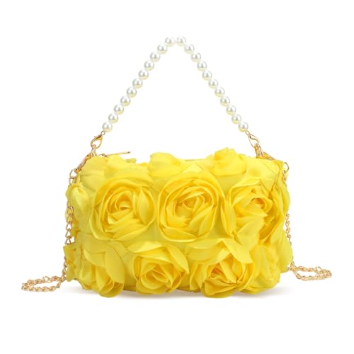 FUKEFUKEUS Women Clutches Purse, Chiffon 3D Floral Evening Handbag, Pearl Beaded Top Handle Bag for Wedding, Prom, Party