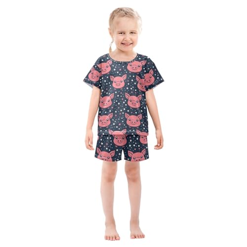 ALAZA Funny Star Pig Blue Pajamas Set Short Sleeve Cotton Sleepwear Summer Pjs 2 Piece 5-14Y3
